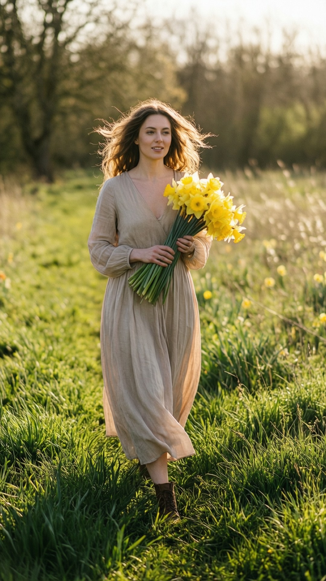 Woman with Daffodils 壁紙 — 一位身穿米色連衣裙的女性，手持一束黃色水仙花，走過陽光明媚的草地。