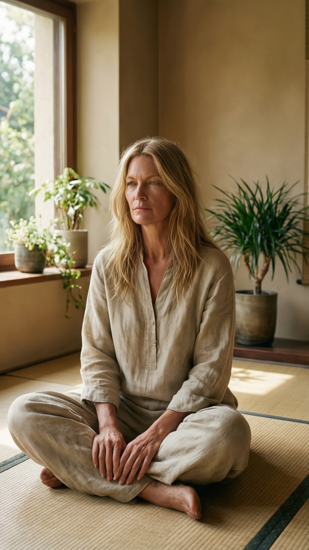 Zen Minimalism 壁紙 — 一位身穿米色亞麻布的女子盤腿坐在榻榻米上，靠近窗邊，盆栽植物投射出柔和的光線。