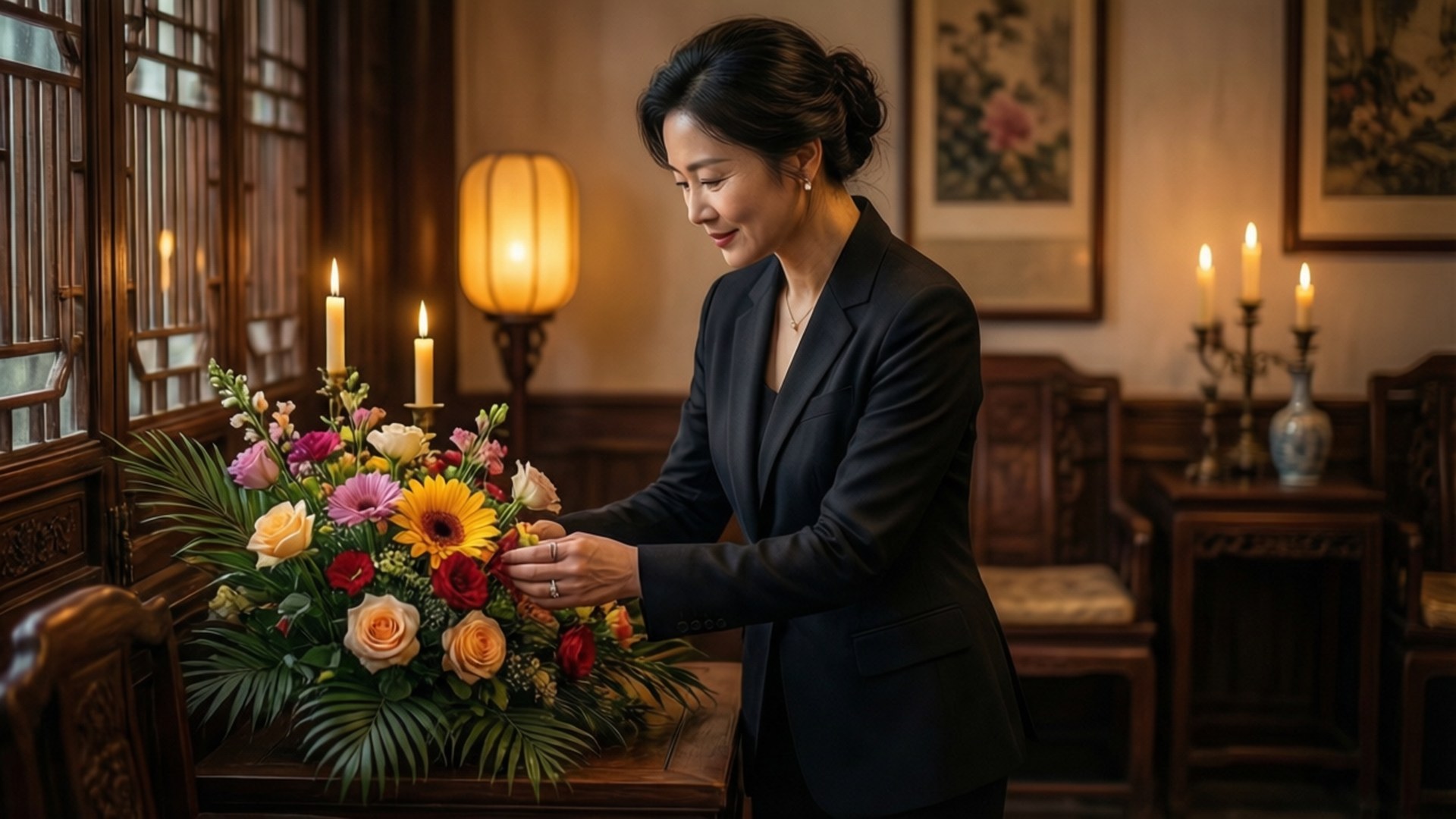Funeral Parlor Serenity 壁紙 — 一位身穿黑色西裝外套的女性，在一個溫暖照明的傳統房間裡，有蠟燭和裱框藝術品，她輕輕地在木桌上擺放一個充滿活力的花束。