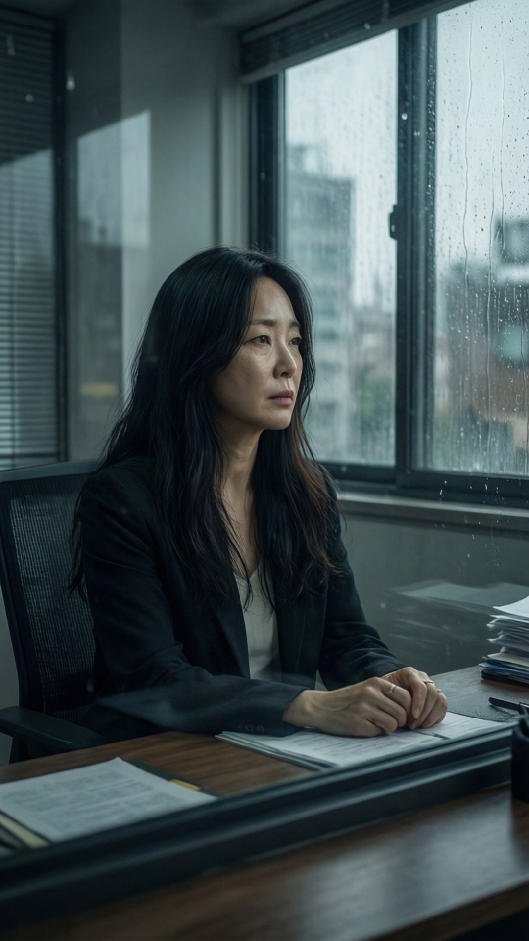 Reflective Rainy Day 壁紙 — 一位身穿黑色西裝外套的女性坐在木桌前，凝視著窗外雨絲斑駁的辦公室窗戶，表情陰鬱。