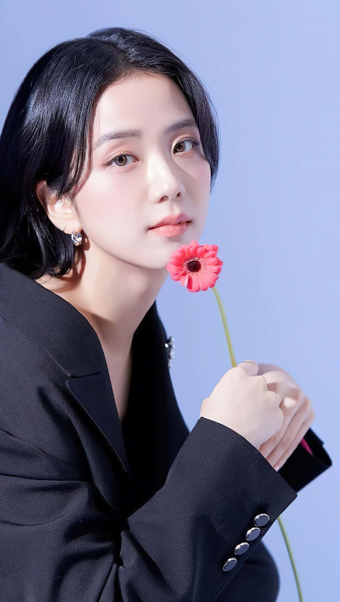 身穿黑色西裝外套的女性在藍色背景前拿著粉紅色花 — Blackpink 壁紙