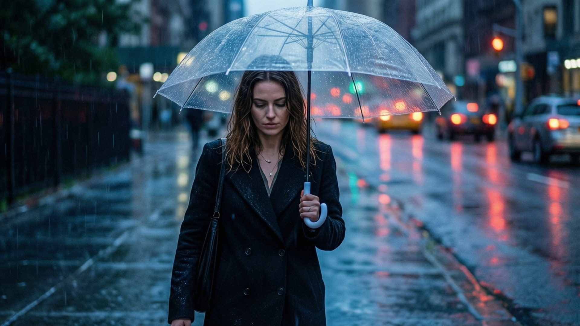 Rainy Melody 壁紙 — 一名身穿黑色外套的女子獨自撐著透明雨傘，走過反射霓虹燈光的濕漉漉城市街道。