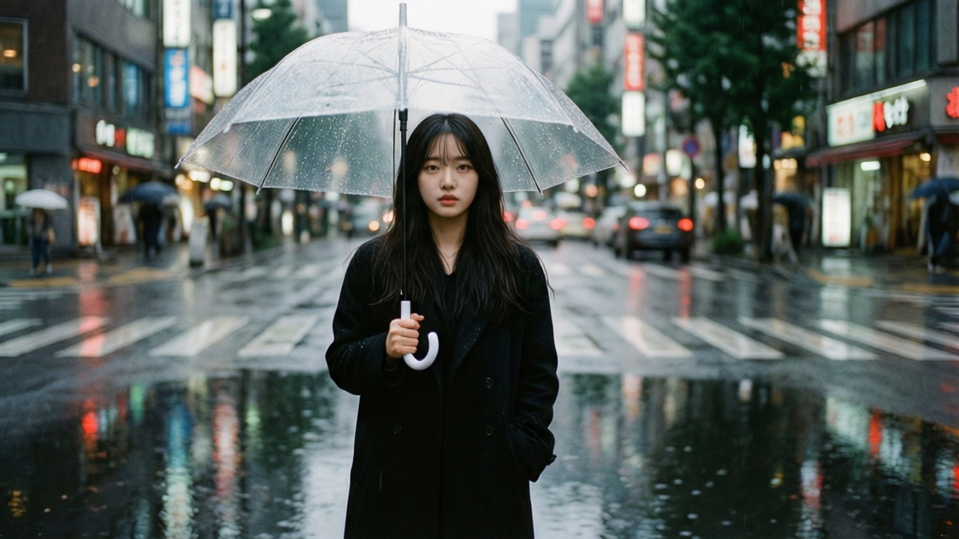 Rainy Day Reverie 壁紙 — 一位年輕女子穿著黑色外套，手持透明雨傘，獨自站在夜晚被雨水浸濕的城市街道上，發光的霓虹招牌在水坑中反射。