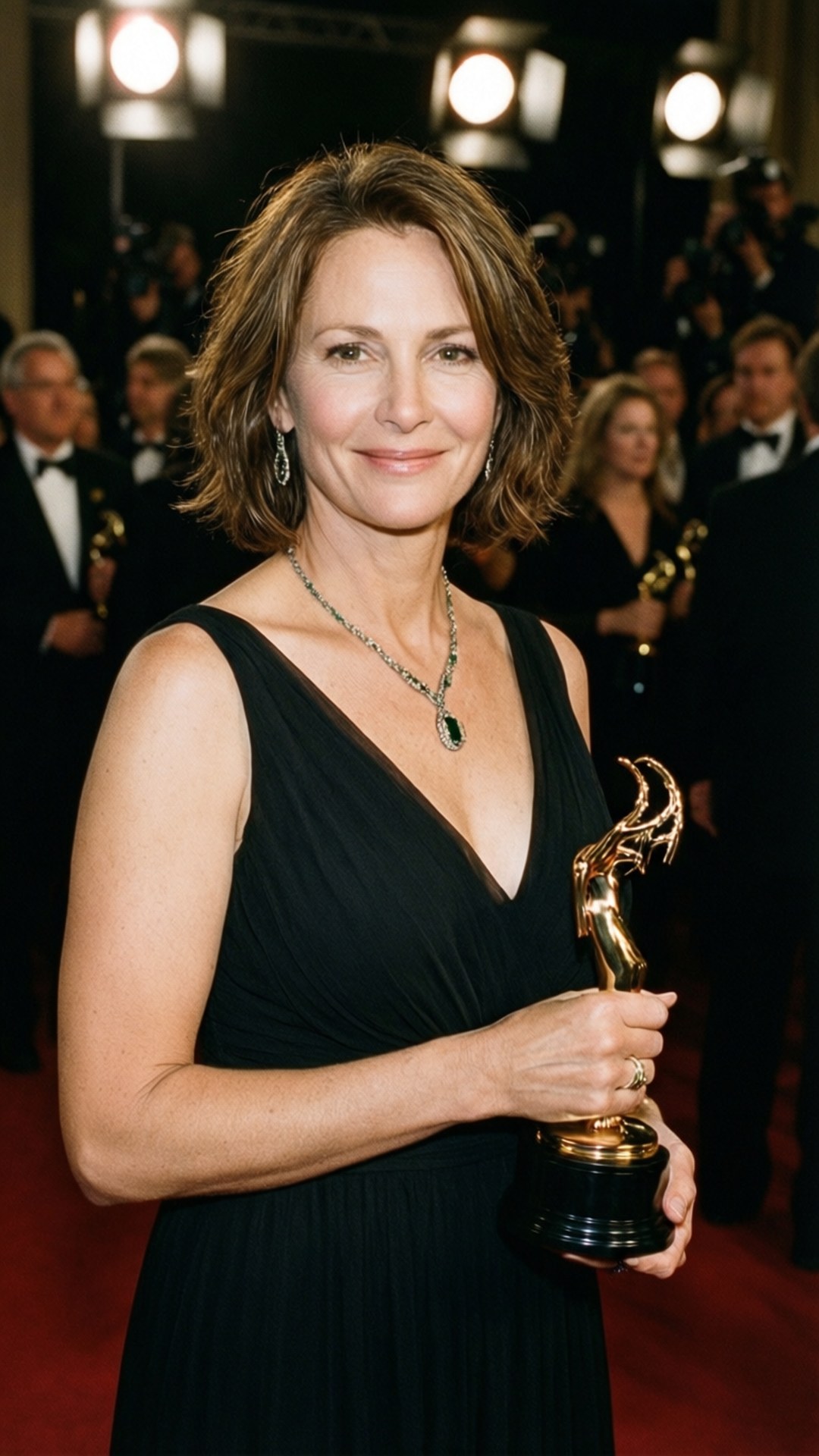 Award Winner 壁紙 — 一位身穿黑色連衣裙的女性微笑著，手持金色艾美獎獎盃，身後是明亮的燈光和攝影師，站在紅地毯上。