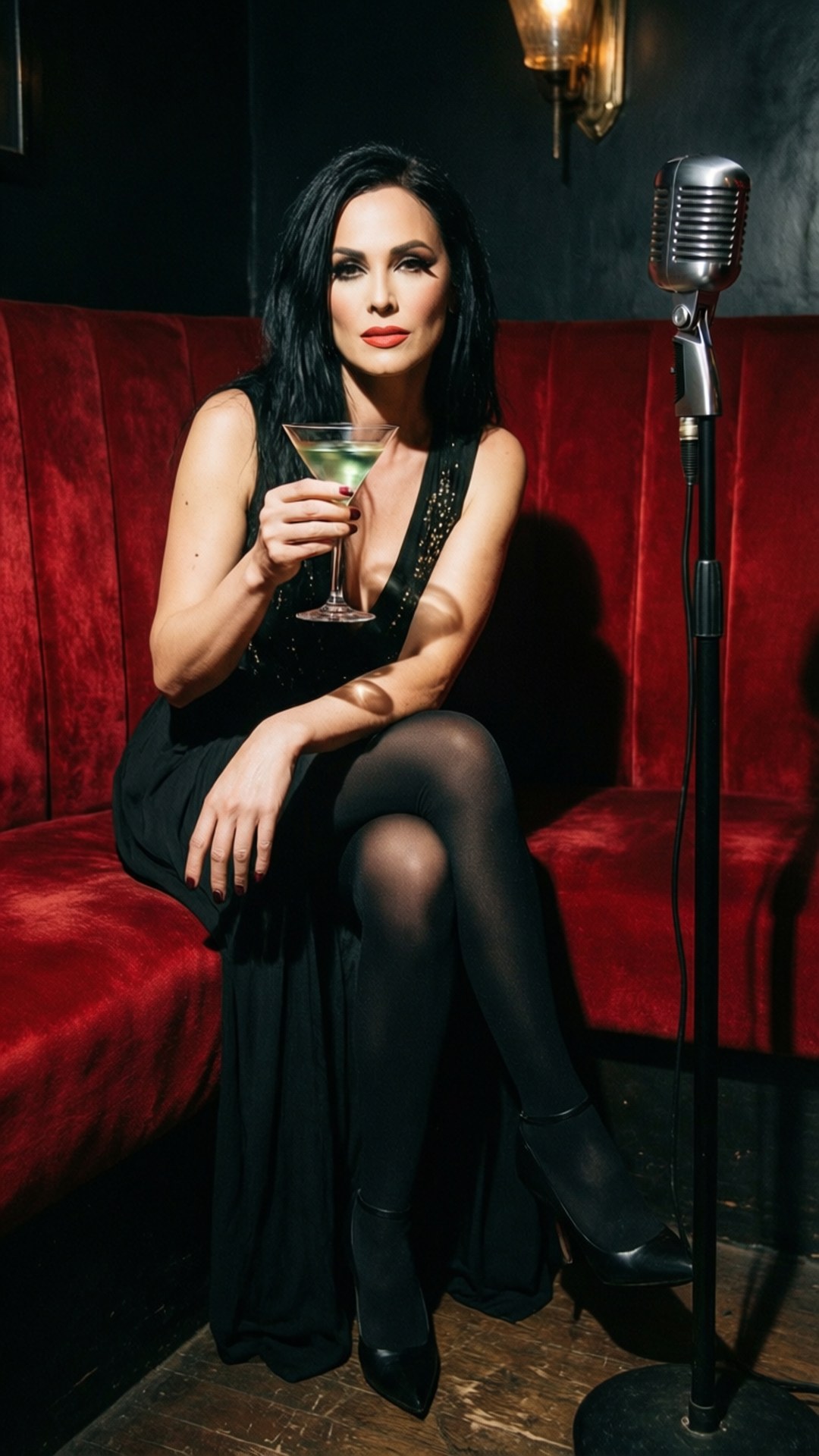 Speakeasy Nights 壁紙 — 一位身穿黑色連衣裙的女性優雅地坐在紅色天鵝絨沙發上，手持馬丁尼酒杯，旁邊有一個復古麥克風。