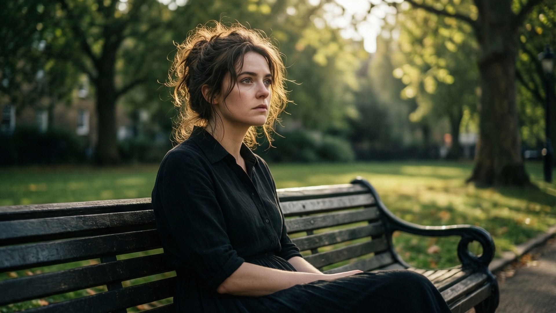 Contemplative Fleabag on Bench 壁紙 — 一位身穿黑色連衣裙的女性沉思地坐在公園的木長椅上，金色的陽光透過她身後的樹木灑落下來。