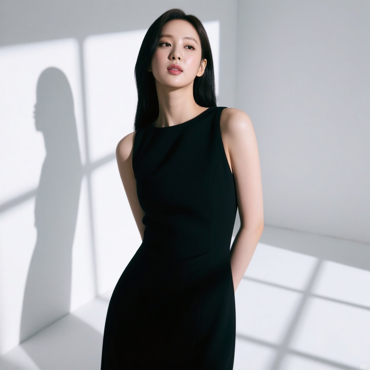 Minimalist Taeyeon 壁紙 — 一位身穿修身黑色連衣裙的女性站在簡約的白色房間中，幾何陽光將她的影子投射在牆上。