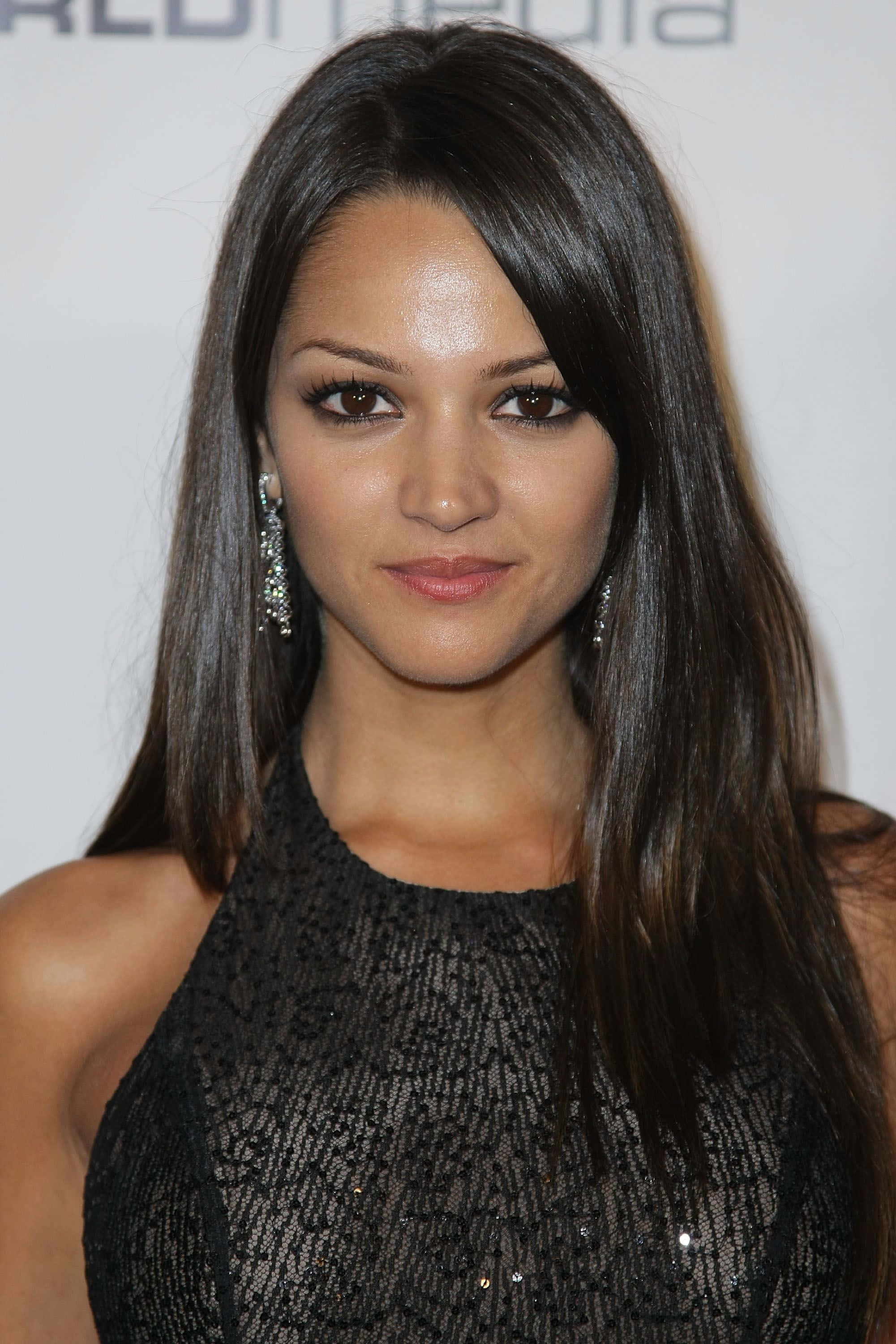 Paula Garcés 桌布 壁紙 — 一位擁有長長深色頭髮和閃亮耳環的女性，穿著黑色質感連衣裙，在白色背景下溫柔微笑。