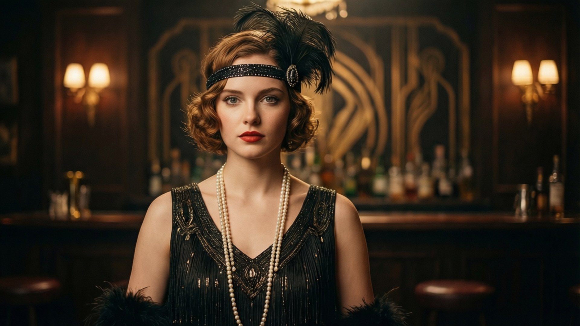 Sophie Turner Flapper Girl 壁紙 — 一位身穿黑色飛女裙、戴著珍珠項鍊和羽毛頭帶的女性，站在燈光昏暗的1920年代地下酒吧中。