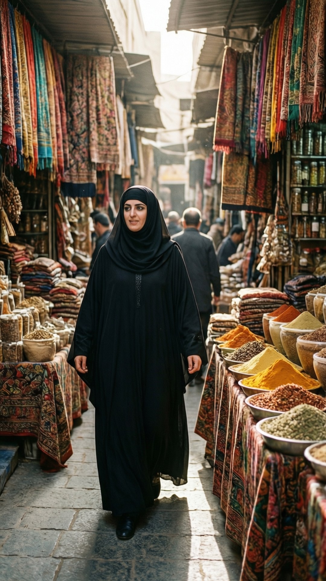 Erbil Market Stroll 壁紙 — 一名戴黑色頭巾的女子走過陽光普照的市場小巷，兩旁擺滿色彩繽紛的紡織品和香料攤位。
