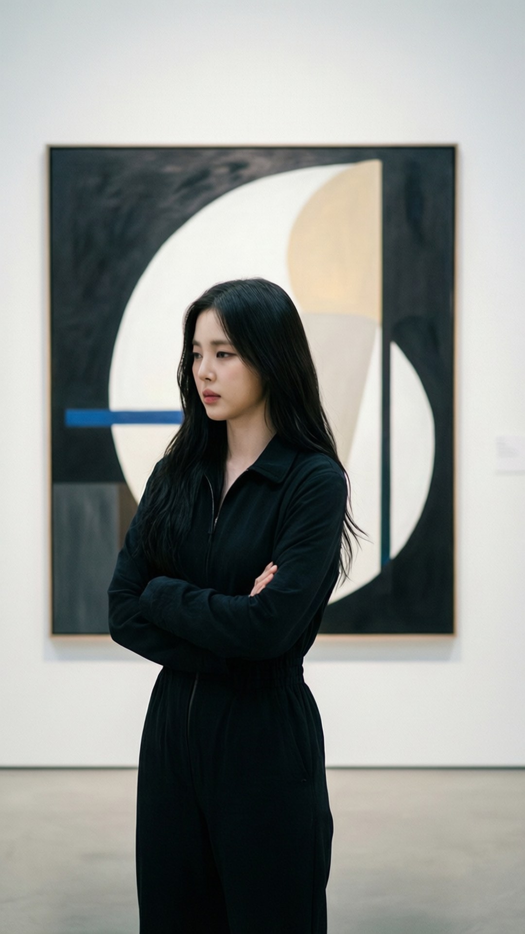 Art Gallery Contemplation 壁紙 — 一名身穿黑色連身褲的女性在現代畫廊中交叉雙臂，站在一幅帶有醒目黑色、白色、米色和藍色幾何形狀的大型抽象畫前。
