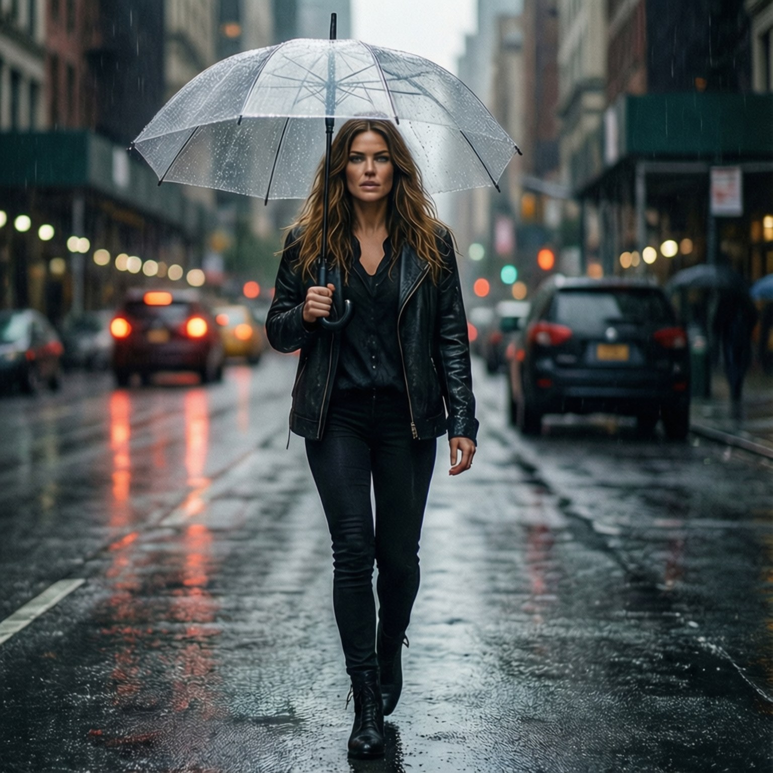 Rainy City Walk 壁紙 — 一位身穿黑色皮夾克的女性自信地走在雨中的城市街道上，手持透明雨傘，濕漉漉的人行道反射著閃爍的車燈。