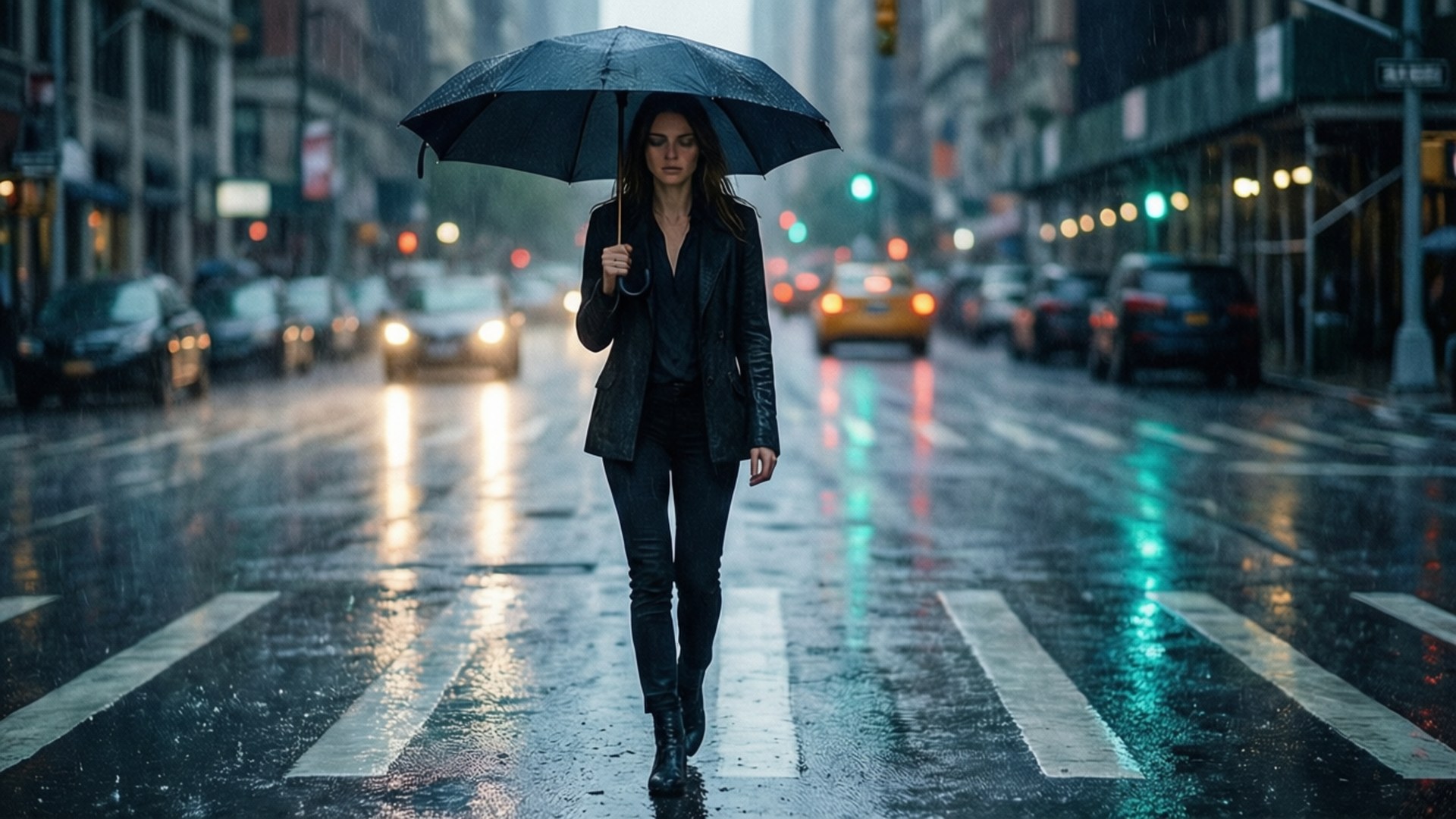 Rainy City Walk 壁紙 — 一名身穿黑色皮夾克的女子，在雨中撐著黑色雨傘，走過濕漉漉的城市街道，汽車燈光反射在路面上。