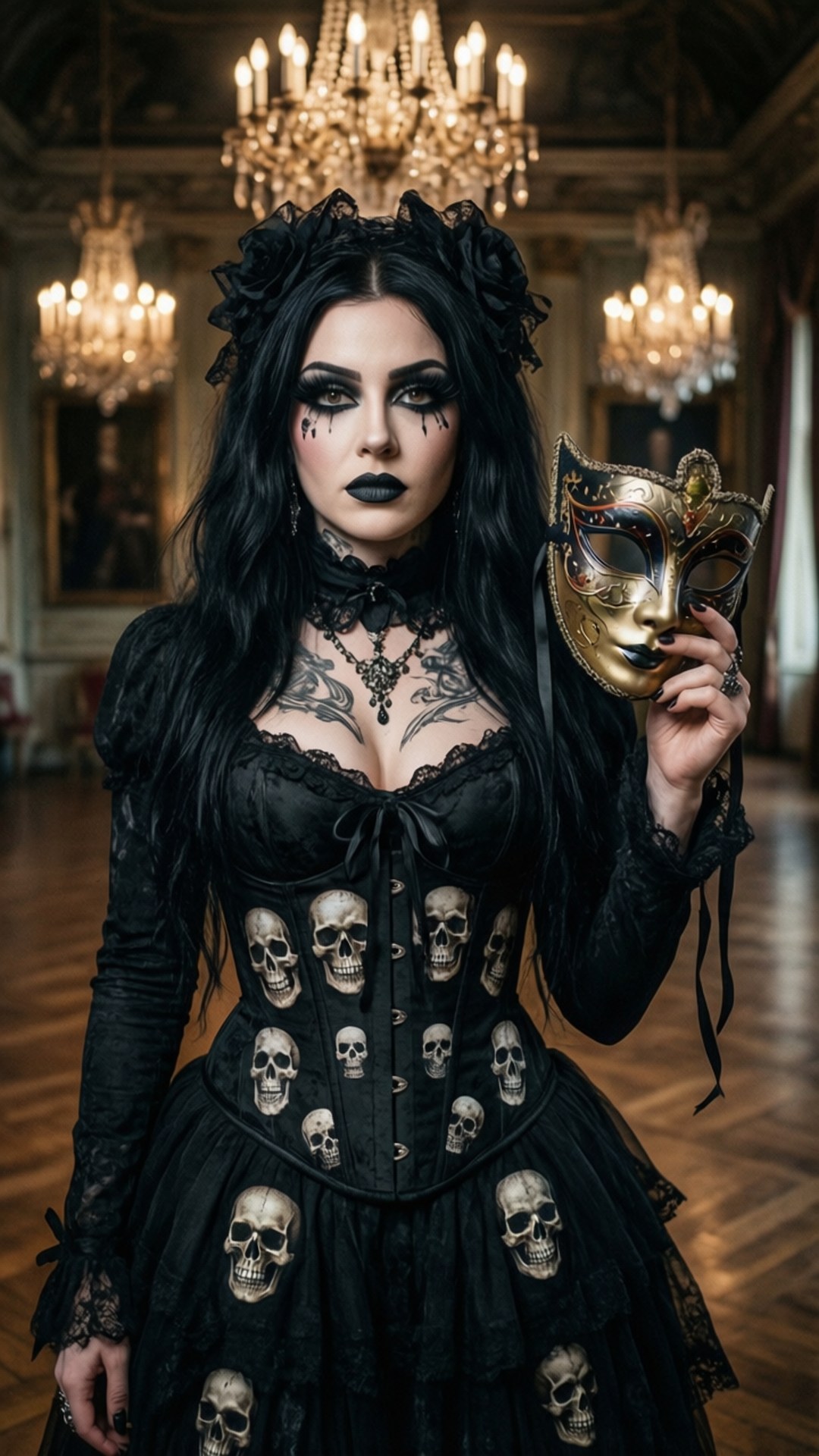 Masquerade Ball 壁紙 — 一位身穿黑色骷髏裝飾緊身連衣裙的女性，在華麗吊燈下的大廳中手持金色面具。
