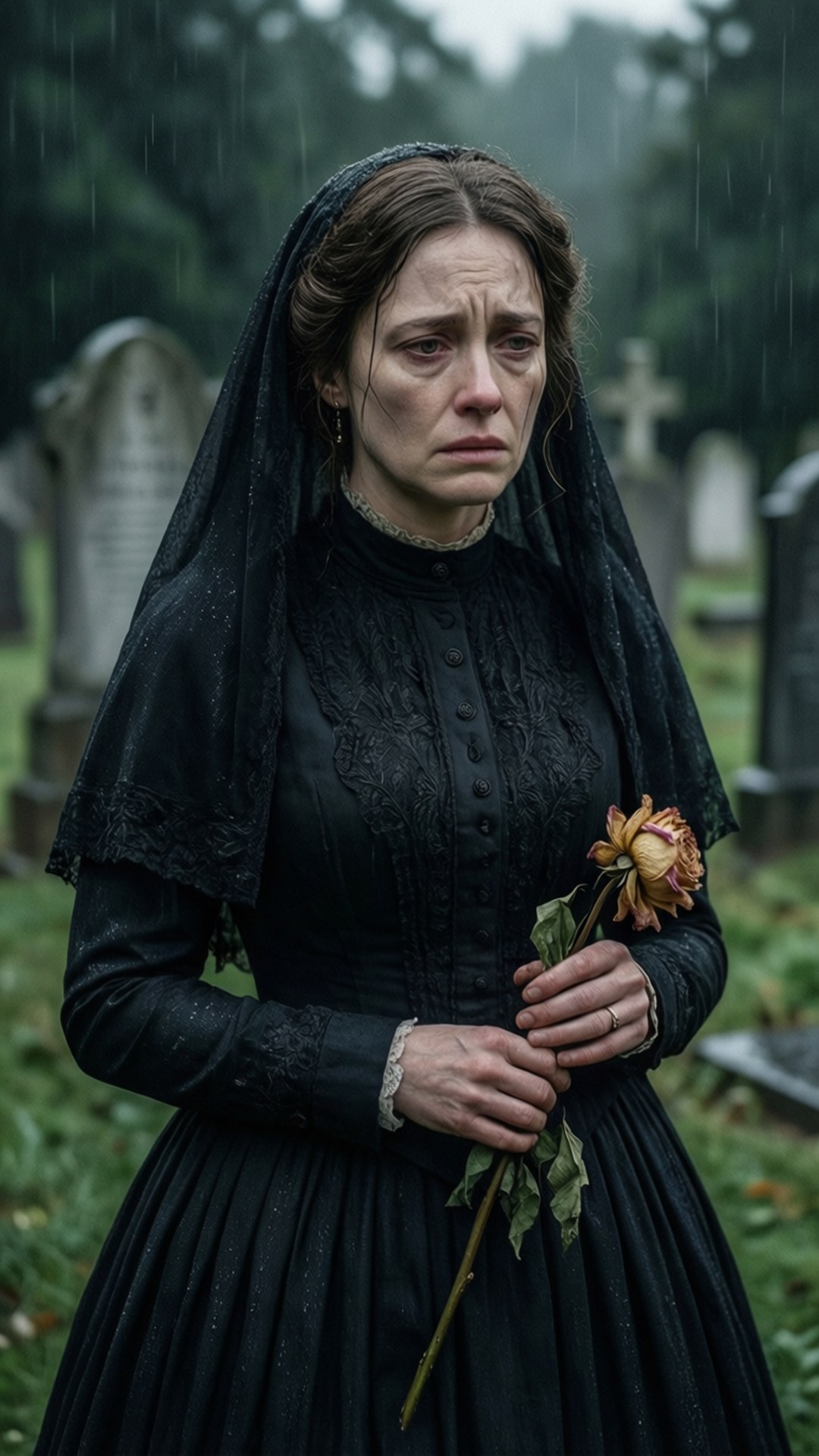 Laura Mennell 桌布 壁紙 — 一位身穿黑色維多利亞時代喪服的女人，在雨中墓地裡手持一朵枯萎的玫瑰，周圍是墓碑。