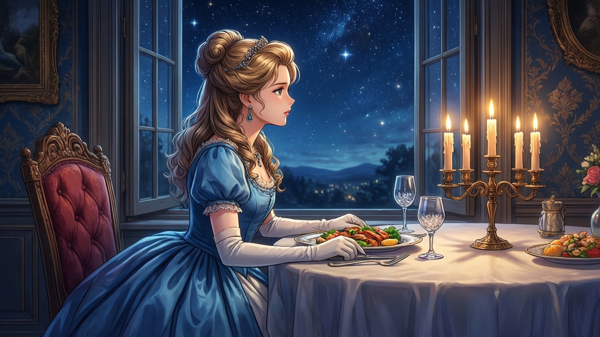 restaurant to another world 桌布 壁紙 — 一位身穿藍色禮服的女士在燭光餐桌旁獨自用餐，頭頂是繁星點點的夜空。
