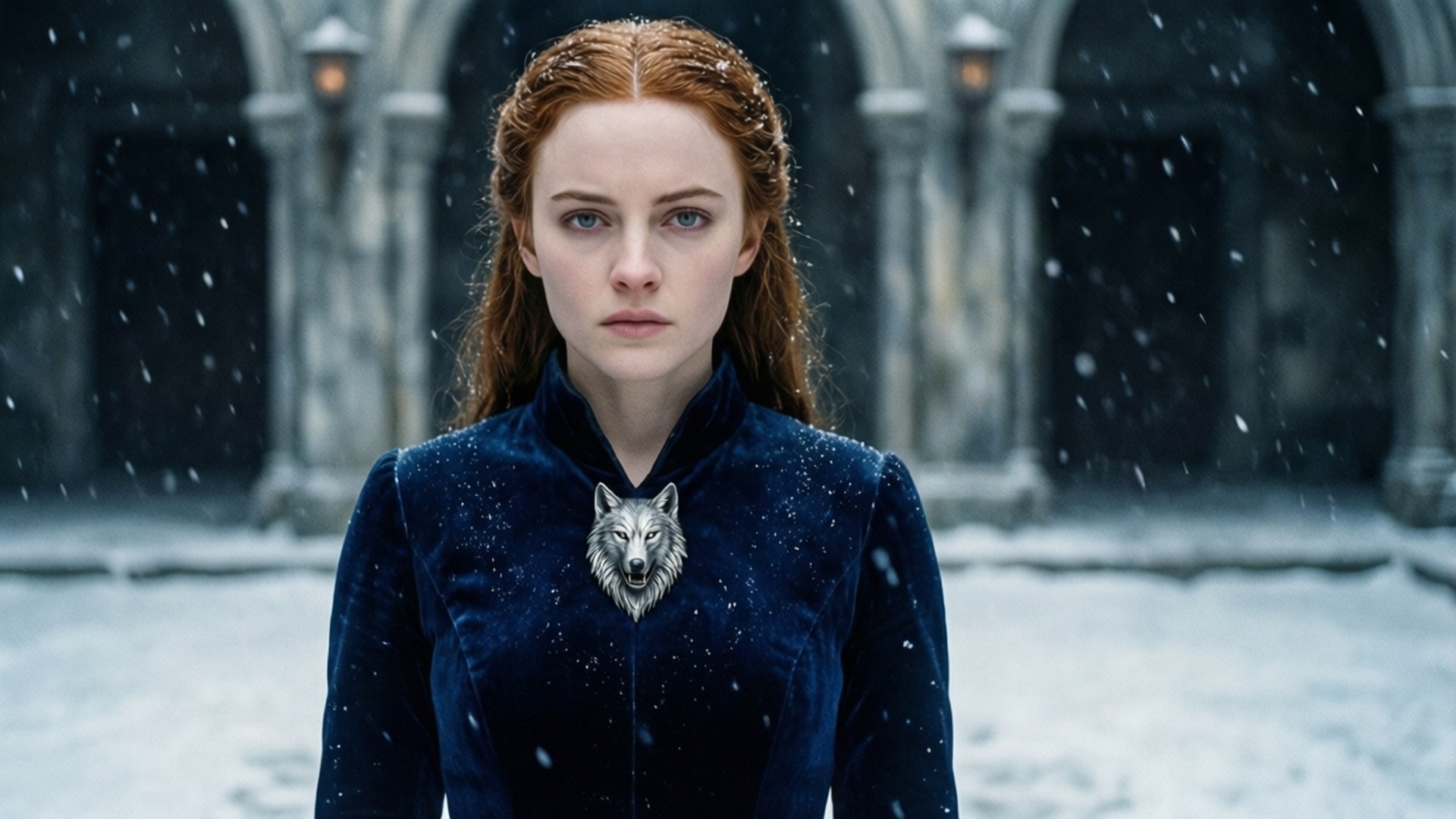 Sansa Stark Winterfell 壁紙 — 一位紅髮女性站在飄雪中，身穿深藍色天鵝絨外套，別著銀色狼胸針，背景是石拱門。