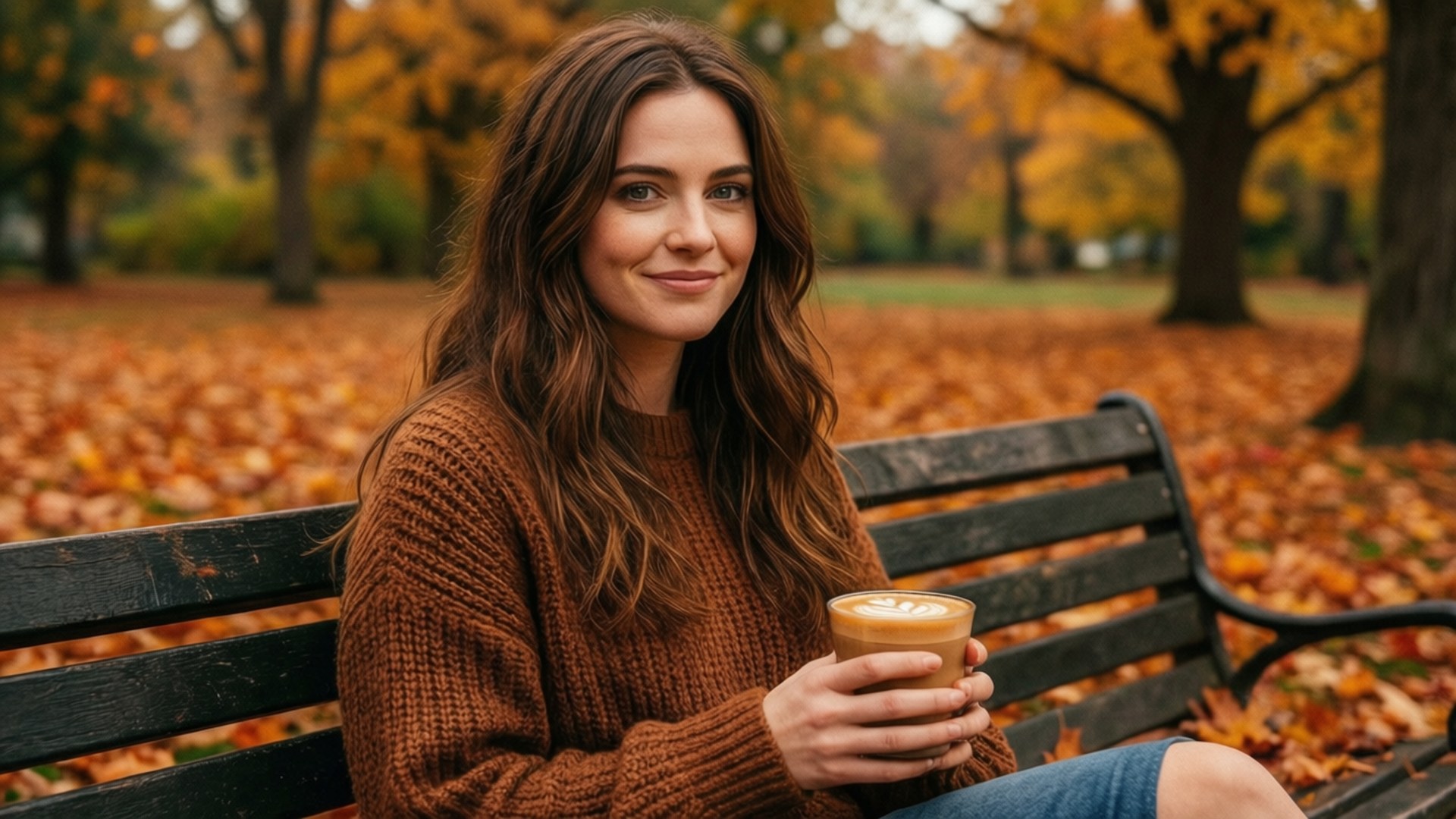 Autumn Day Kiernan 壁紙 — 一位穿著棕色毛衣的女性坐在公園長椅上，手持拿鐵，周圍環繞著金色的秋葉。