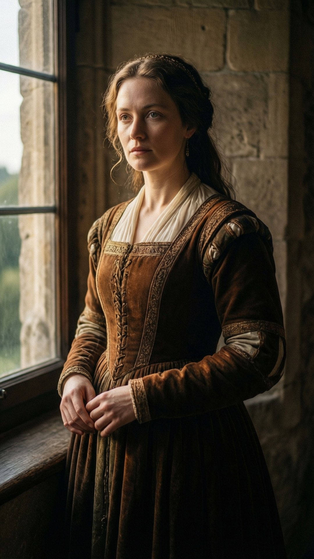 Marguerite by the Window 壁紙 — 一位身穿棕色天鵝絨文藝復興長袍的女子站在石窗旁，若有所思地望著外面。