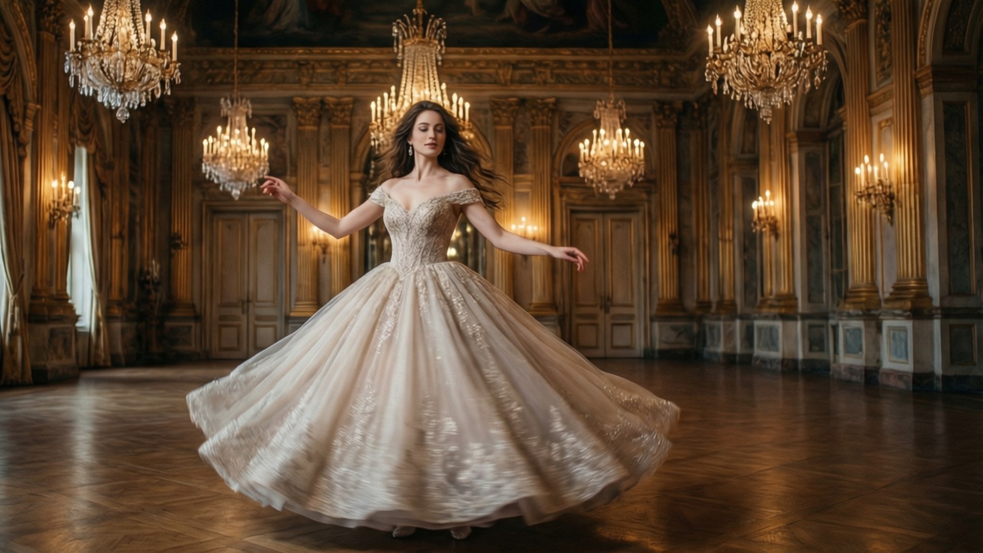 Jacqueline Ballroom 壁紙 — 一位身穿香檳色飄逸長裙的女子，在華麗的吊燈下，於宏偉的金色舞廳中優雅地旋轉。