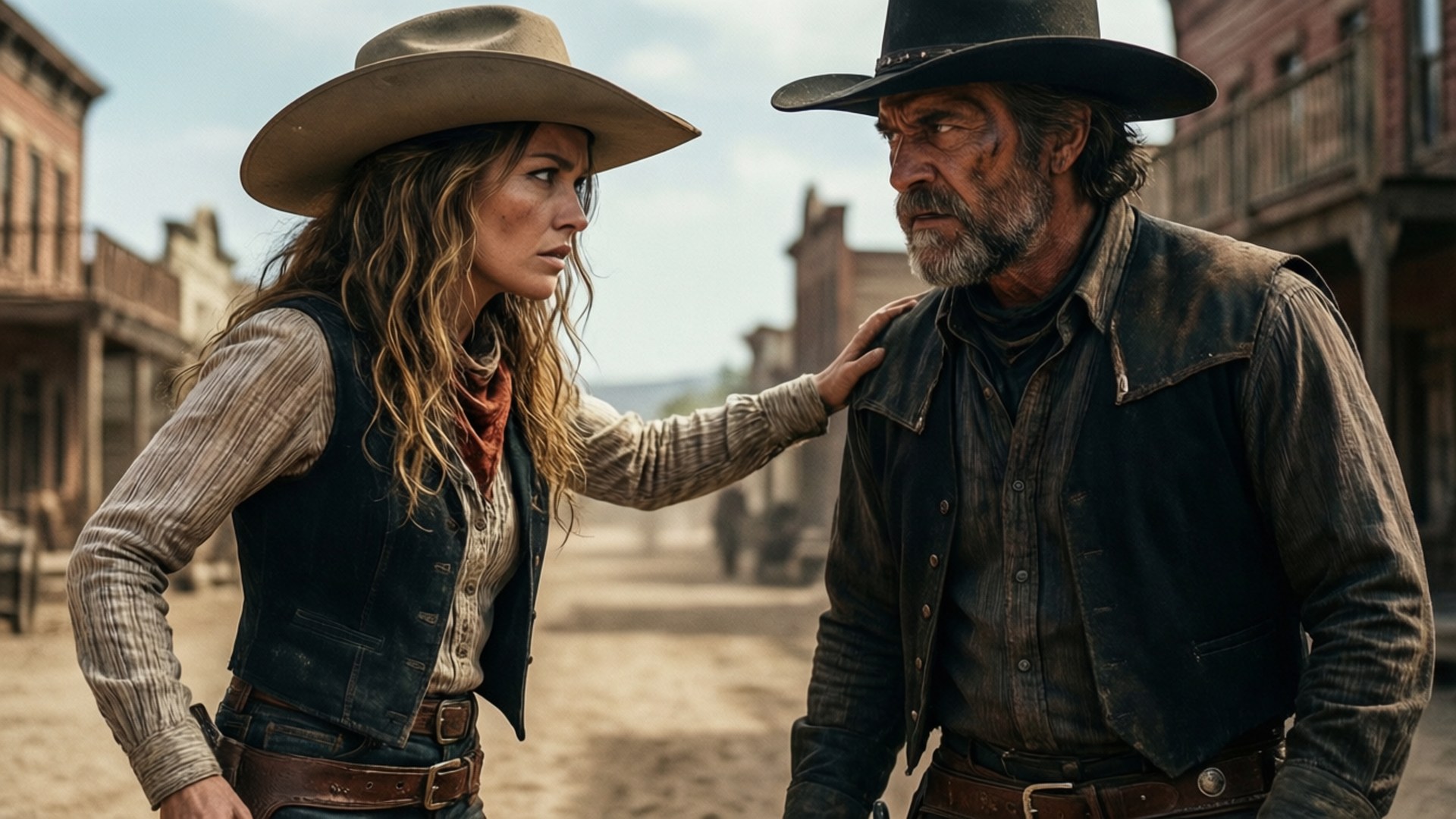 Wynonna Earp 壁紙 — 一位戴著淺棕色牛仔帽的女性輕輕地將手放在一位鬍鬚男的肩上，他們站在塵土飛揚的西部小鎮街道上。