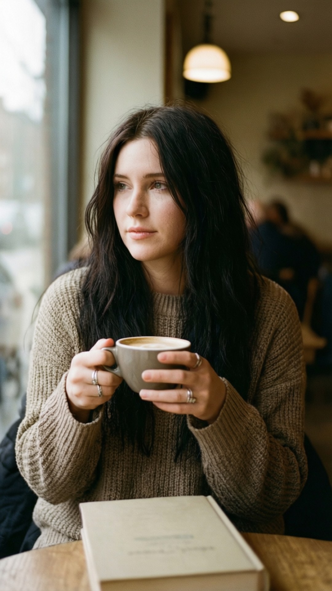 Morning Coffee 壁紙 — 一位深色頭髮的女性坐在咖啡館裡，手持咖啡杯，若有所思地望著窗外。
