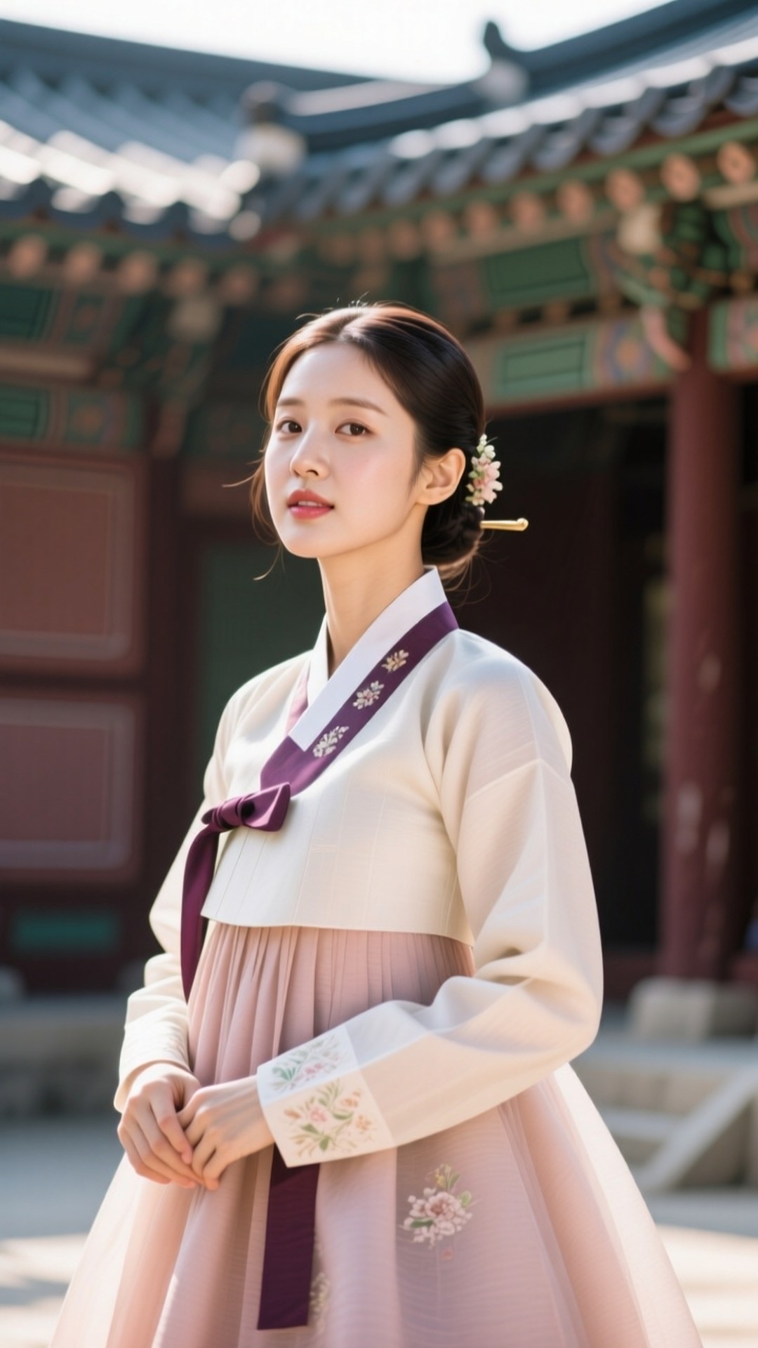 Hanbok Taeyeon 壁紙 — 一位身穿米色和粉紅色韓服、繫著紫色絲帶的女性，優雅地站在傳統韓國寺廟屋頂前。