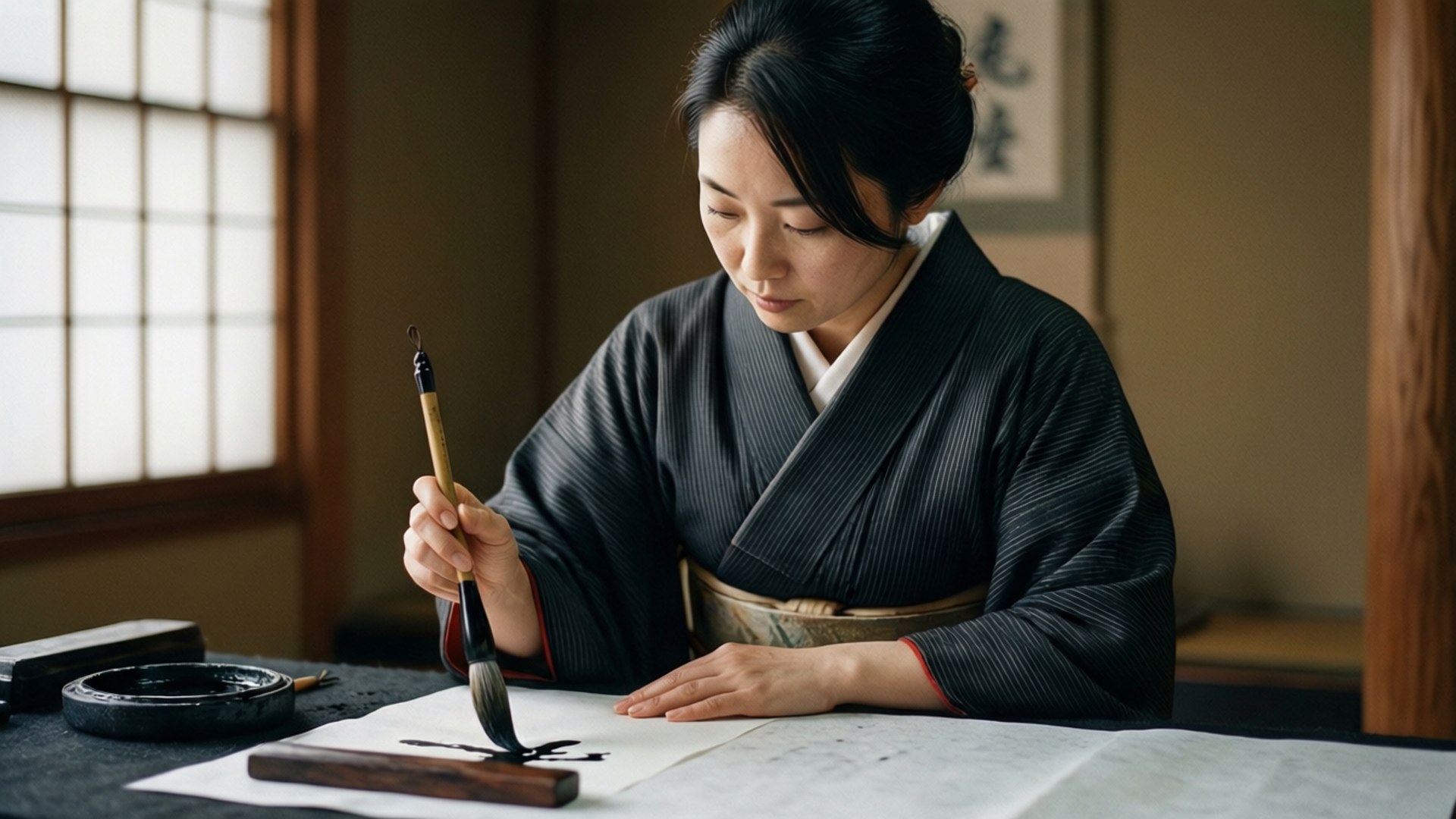 Kasumi Miwa 桌布 壁紙 — 一位身穿深色和服的女性在傳統日式房間內，於紙上用毛筆書寫書法，房間內有障子屏風。