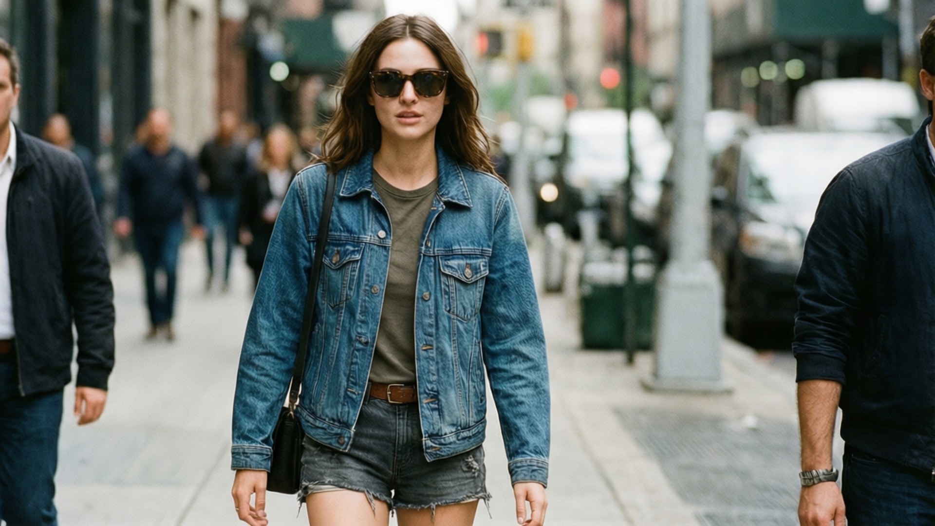 Casual City Walk 壁紙 — 一位身穿牛仔外套和短褲的女性，戴著太陽眼鏡，自信地走在繁忙的城市人行道上。