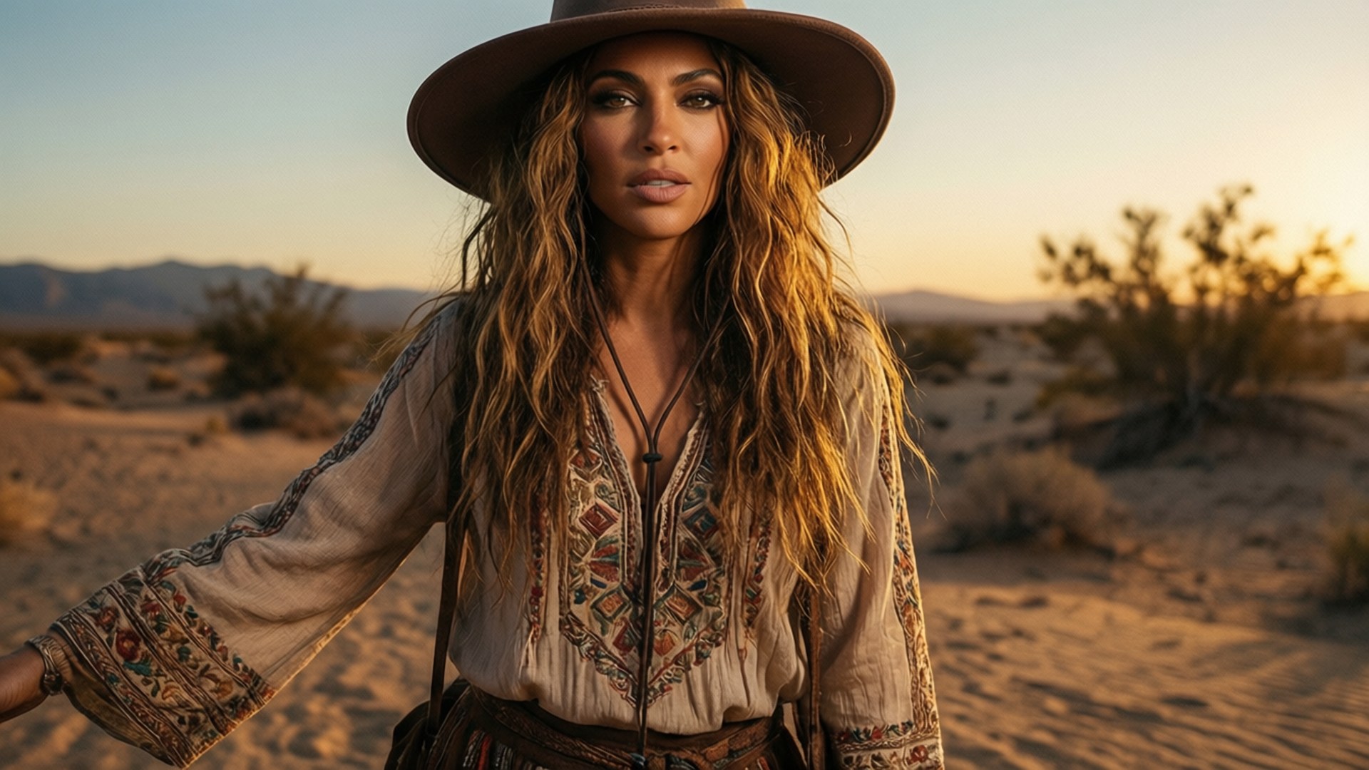 Desert Bohemian 壁紙 — 一位長波浪髮、戴寬邊帽的女子在日落時分的沙漠中，身穿圖案襯衫並攜帶一個袋子。
