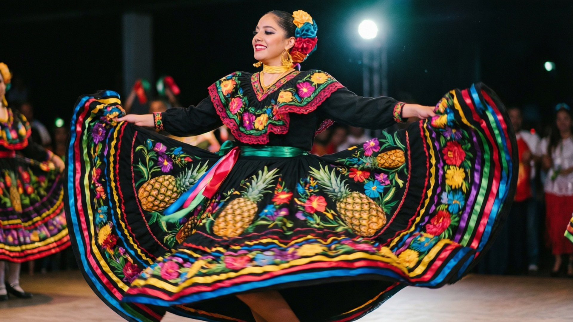 Folkloric Dance Spinning 壁紙 — 一位身穿繡有鳳梨和花卉圖案的鮮豔黑色連衣裙的女性，在舞台燈光下優雅地旋轉。