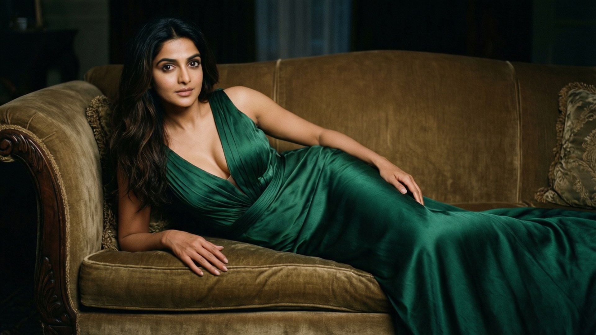 Deepika Padukone 桌布 壁紙 — 一位身穿閃亮翠綠色長裙的女性，在燈光昏暗的房間裡，優雅地斜倚在一張復古棕色天鵝絨沙發上。