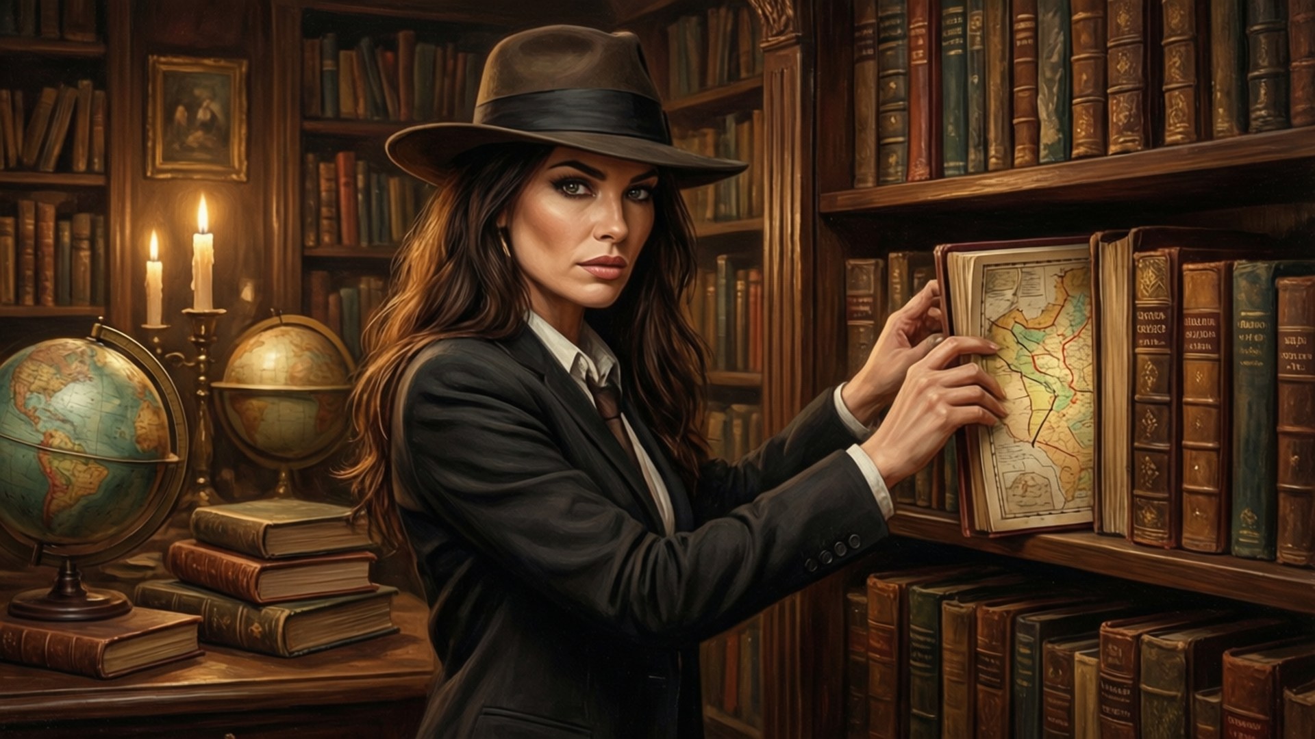 Hidden Map 壁紙 — 一位戴著費多拉帽、身穿西裝的女性，在燭光照耀、滿是書籍和地球儀的圖書館中查看一幅古老地圖。