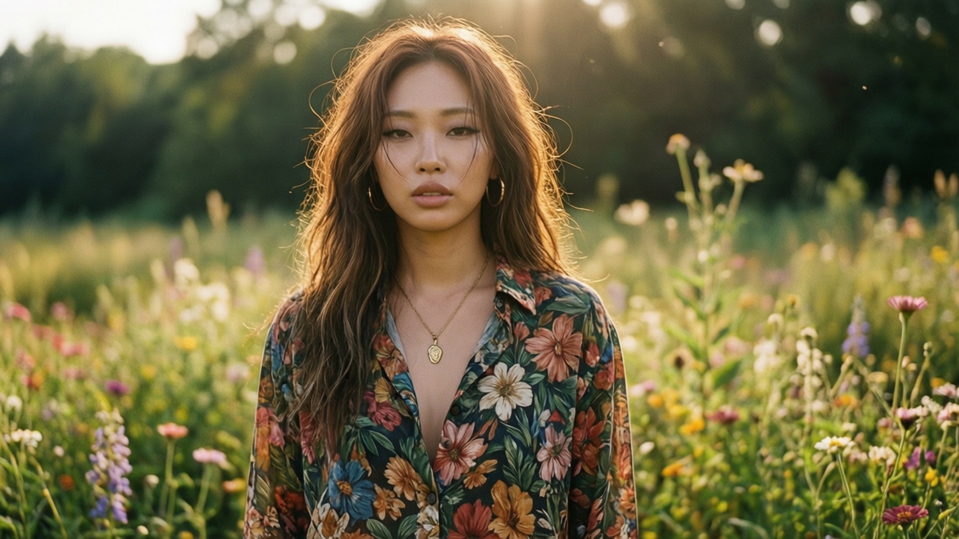斯威·李 桌布 壁紙 — 一位長棕髮女性身穿花卉圖案上衣，站在陽光普照的野花田中，金色光線從她身後的樹木間透出。