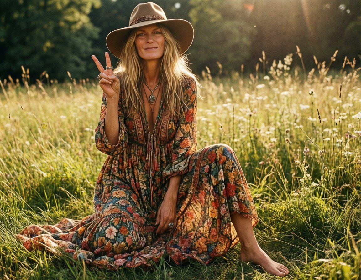 Boho Kate Moss Meadow 壁紙 — 一位身穿碎花裙、戴寬邊帽的女士赤腳坐在陽光明媚的草地上，做出和平手勢。