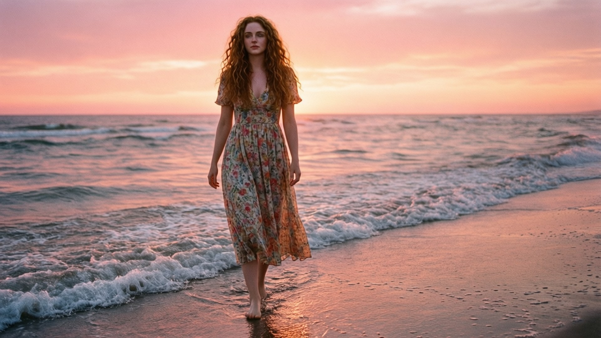 Sophie Turner Beach Sunset 壁紙 — 一位擁有捲曲紅髮、身穿花卉連衣裙的女性赤腳走在沙灘上，粉紅色的日落海浪輕輕拍打她的腳。