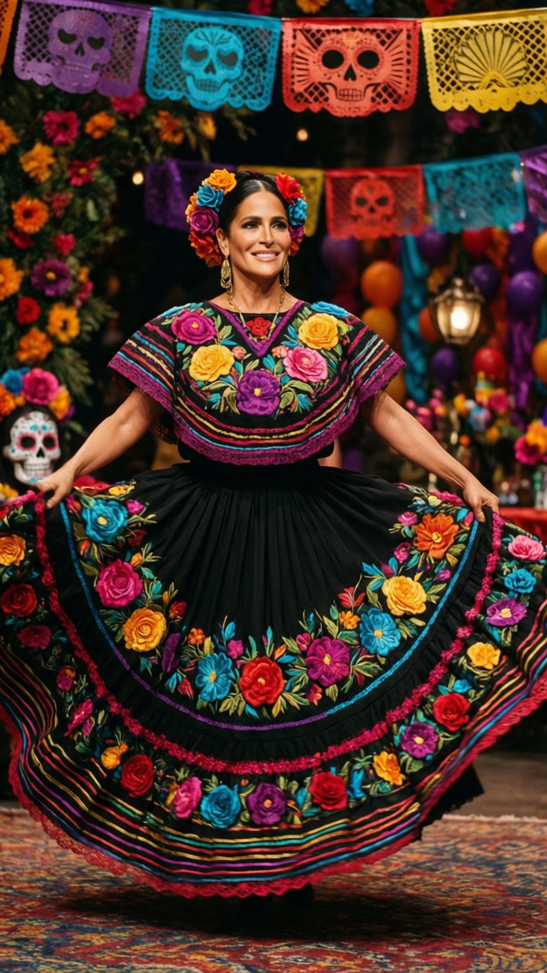 Festival Spirit 壁紙 — 一位身穿鮮豔花卉刺繡連衣裙的女子在色彩繽紛的紙雕旗幟和花卉佈置下旋轉。
