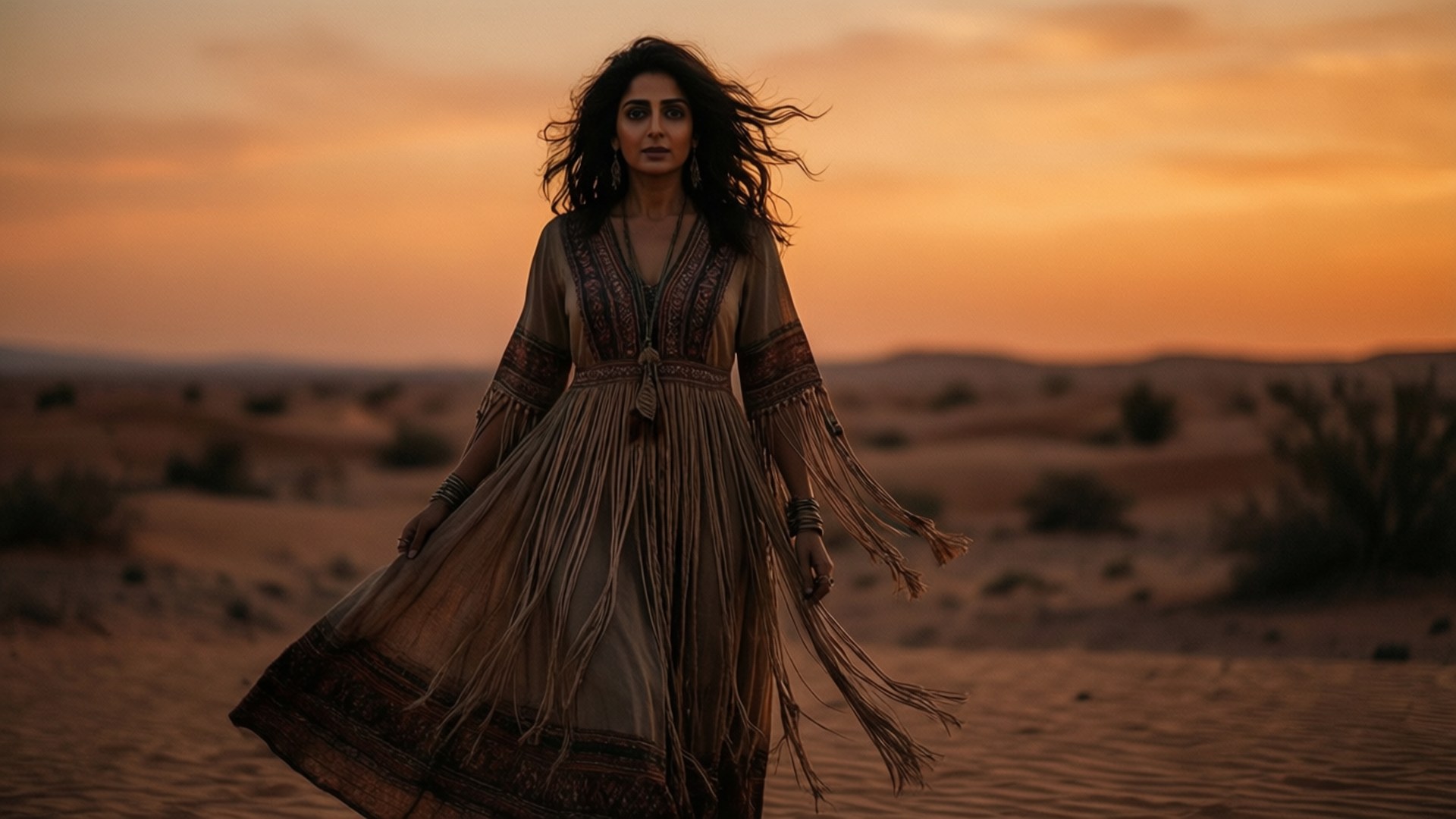 Desert Bohemian Dusk 壁紙 — 一位身穿流蘇連衣裙的女性獨自站在沙漠中，夕陽西下，風吹動她的頭髮，溫暖的橙色天空。