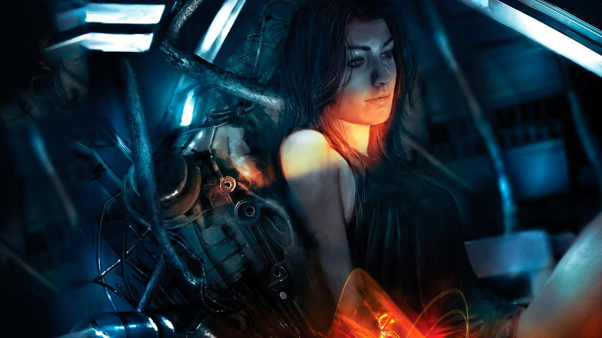 Mass Effect Femshep 桌布 壁紙 — 一位深色頭髮的女性坐在一個昏暗、充滿未來感的駕駛艙中，旁邊是發光的機械部件，帶有藍色和橙色的燈光。