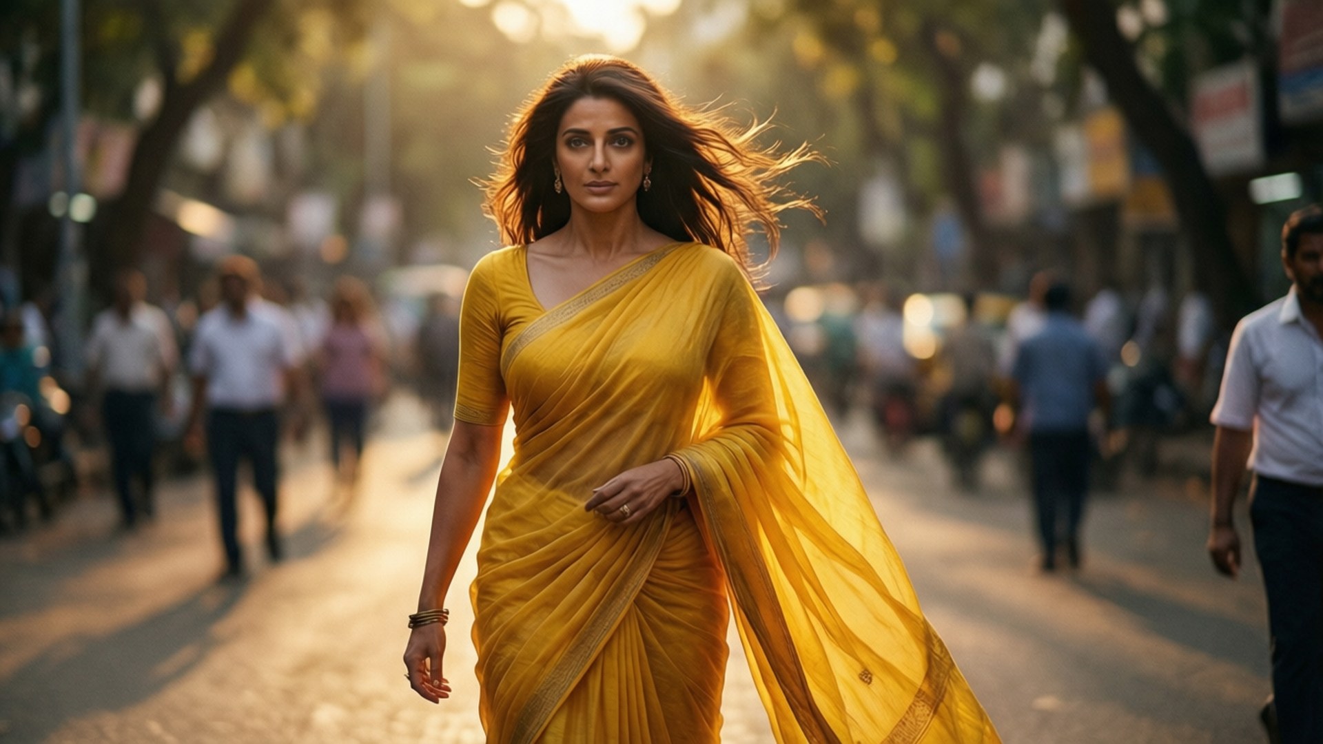 Golden Hour Saree 壁紙 — 一位身穿飄逸金黃色紗麗的女性，在黃金時刻自信地走在繁忙的城市街道上，風吹起她的頭髮。