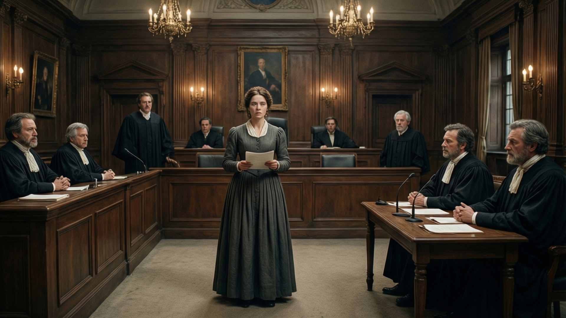 Trial of Marguerite 壁紙 — 一名身穿灰色連衣裙的女子莊嚴地站在一個宏偉的木製法庭上，手持文件，律師和法官觀察著她。