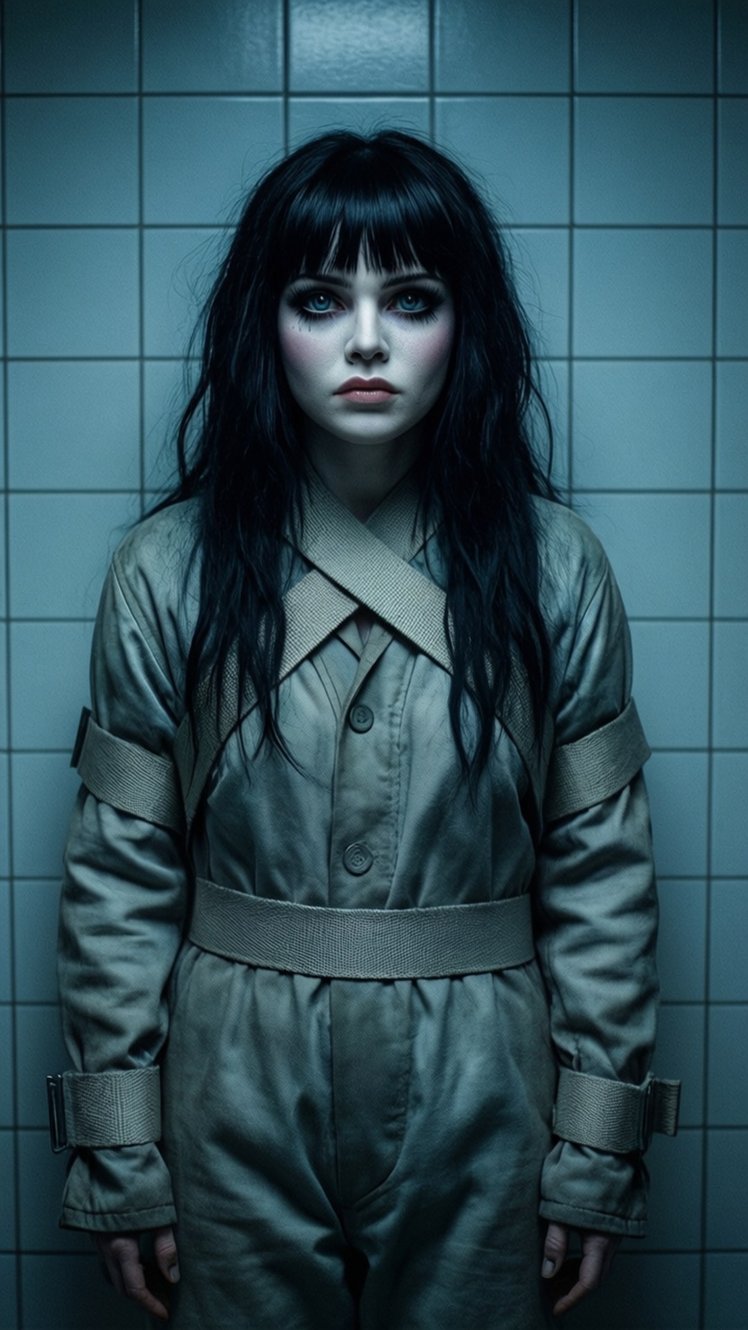 Straitjacket Doll 壁紙 — 一位深色頭髮、蒼白妝容的女性，身穿灰色帶肩帶連身衣，站在光線昏暗的瓷磚房間裡。