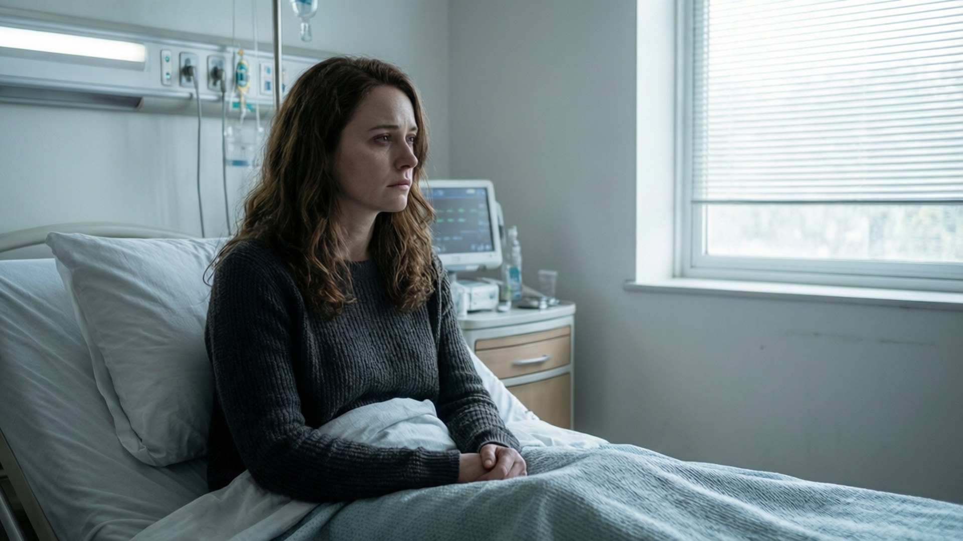 Hospital Reflection 壁紙 — 一位棕色頭髮的女人坐在醫院的床上，凝視著有百葉窗的窗外，穿著深色毛衣，蓋著淺藍色毯子。