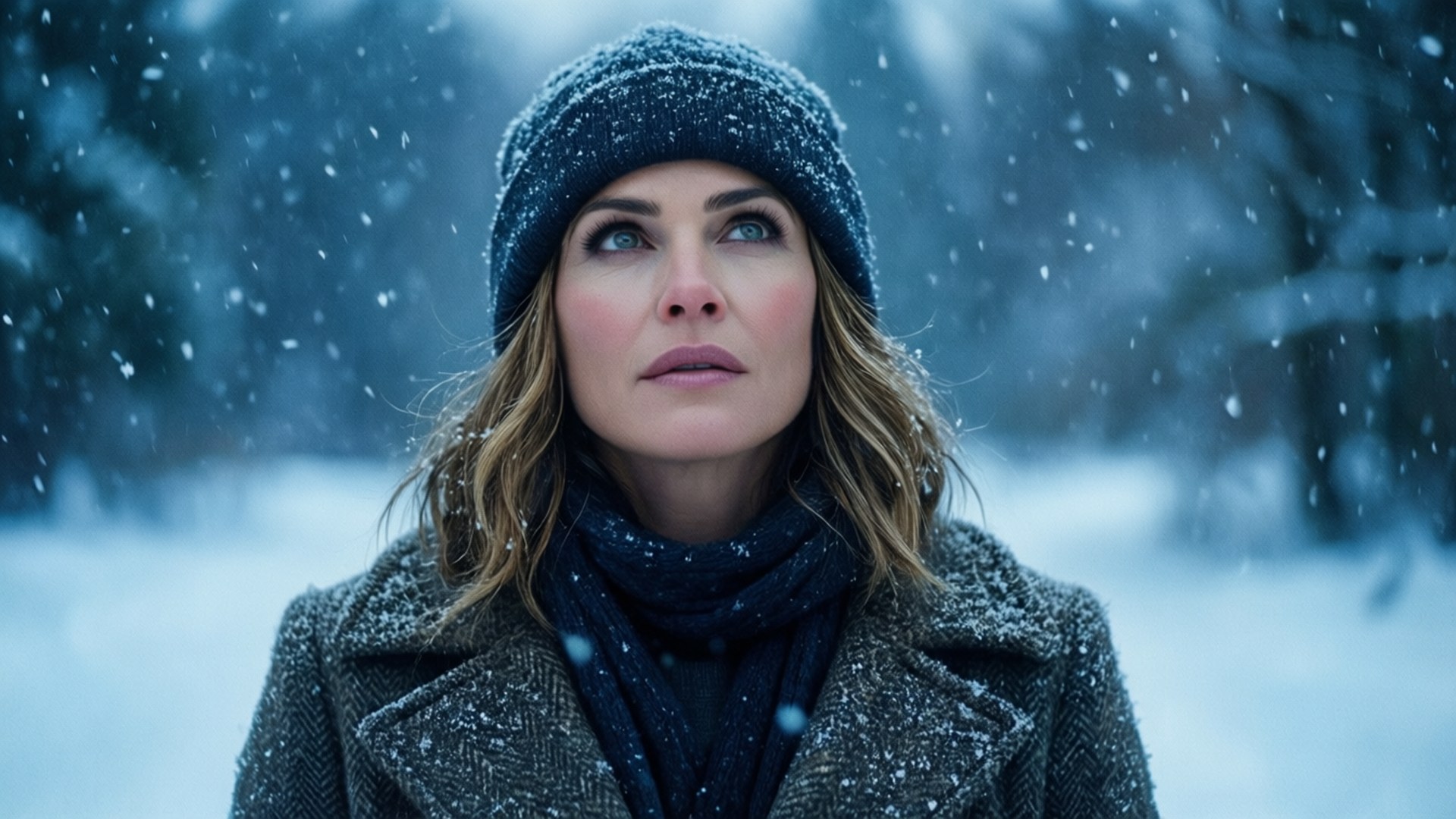 dianna agron 桌布 壁紙 — 一位戴著針織帽和外套的女性在冬日森林中仰望，雪花輕輕飄落在她周圍。