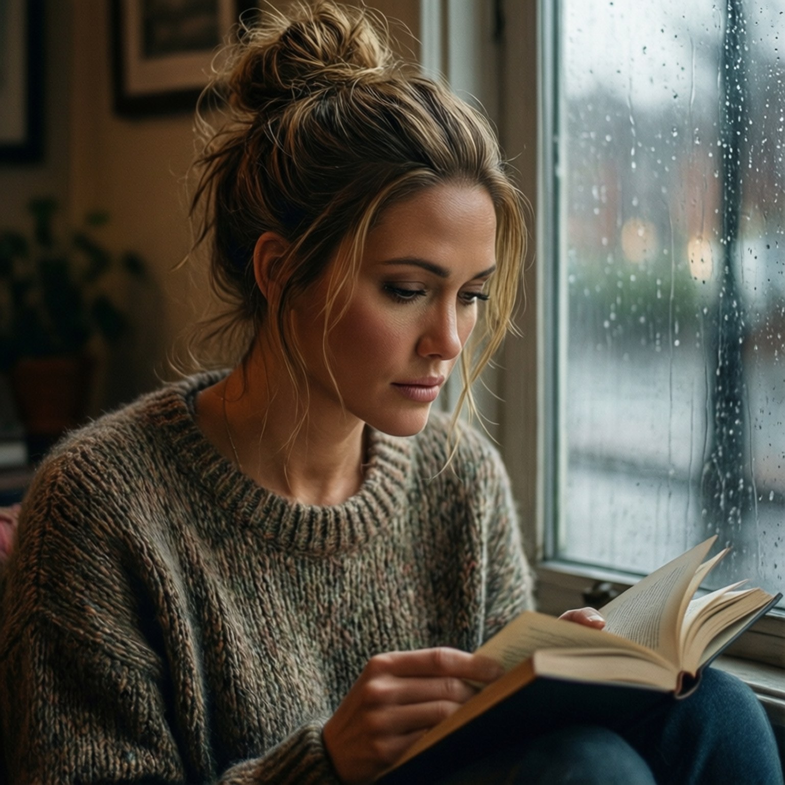 Rainy Day Read 壁紙 — 一位頭髮凌亂盤起的女士，穿著舒適的針織毛衣，在雨絲斑駁的窗邊看書。