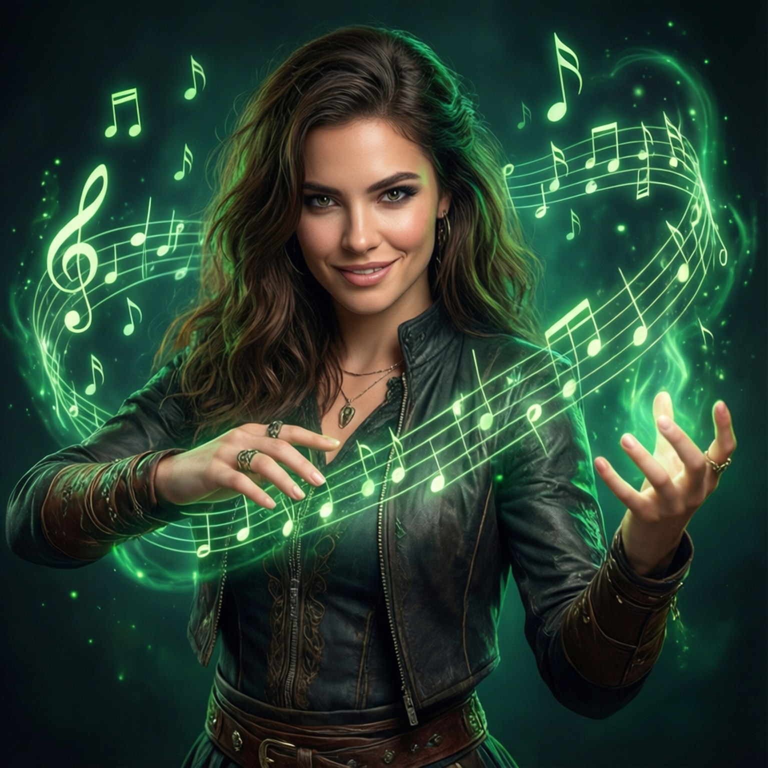 Raine Bard Magic 壁紙 — 一位身穿皮夾克的女性在黑暗背景下，雙手周圍召喚出發光的綠色音符和高音譜號。