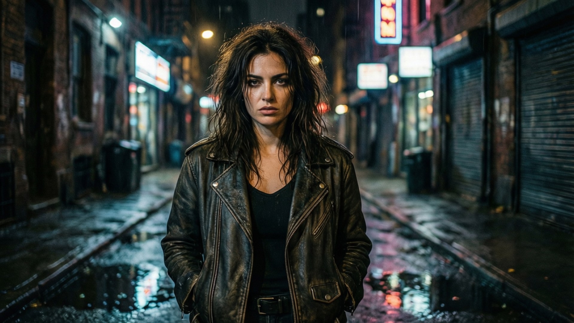 Inanna Sarkis 桌布 壁紙 — 一位身穿濕皮夾克的女性在雨濕、霓虹燈照亮的夜間小巷中挑釁地站立。