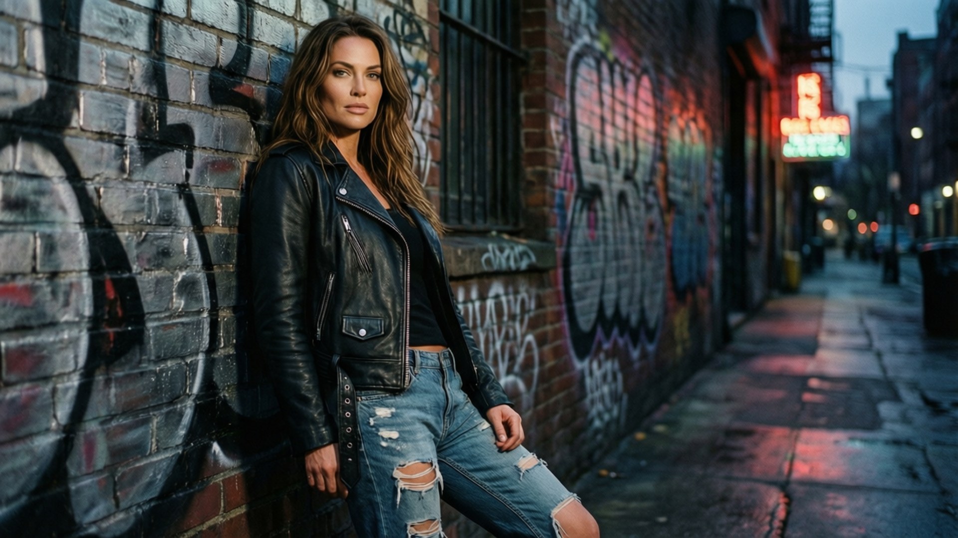 Brooke Hyland 桌布 壁紙 — 一名身穿黑色皮夾克和破洞牛仔褲的女子，在黃昏時分靠在一條霓虹燈照亮的城市小巷中佈滿塗鴉的磚牆上。