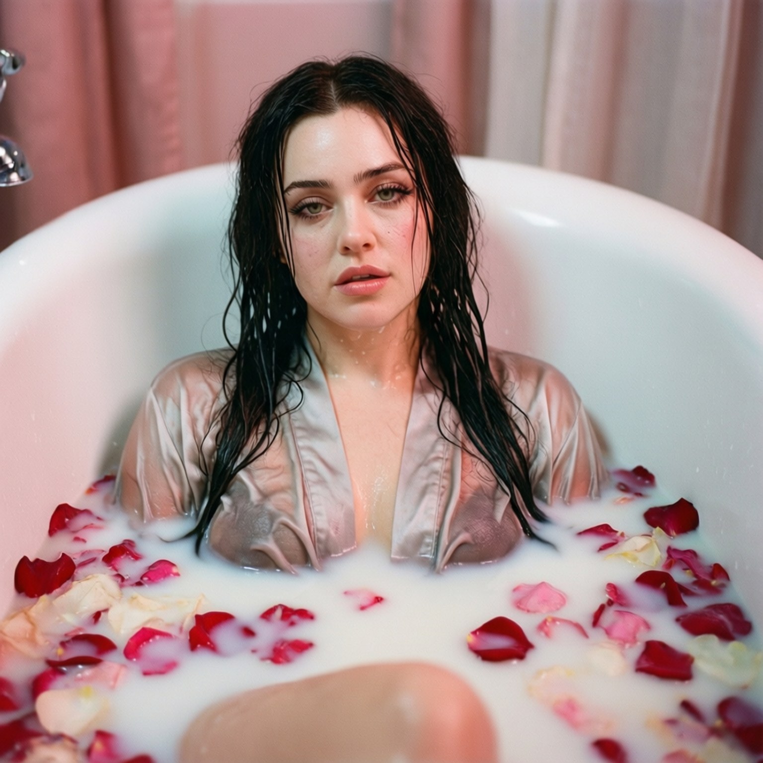 Milk Bath Dream 壁紙 — 一位濕黑髮的女性坐在一個裝滿牛奶和散落的紅色和粉紅色玫瑰花瓣的白色浴缸中。