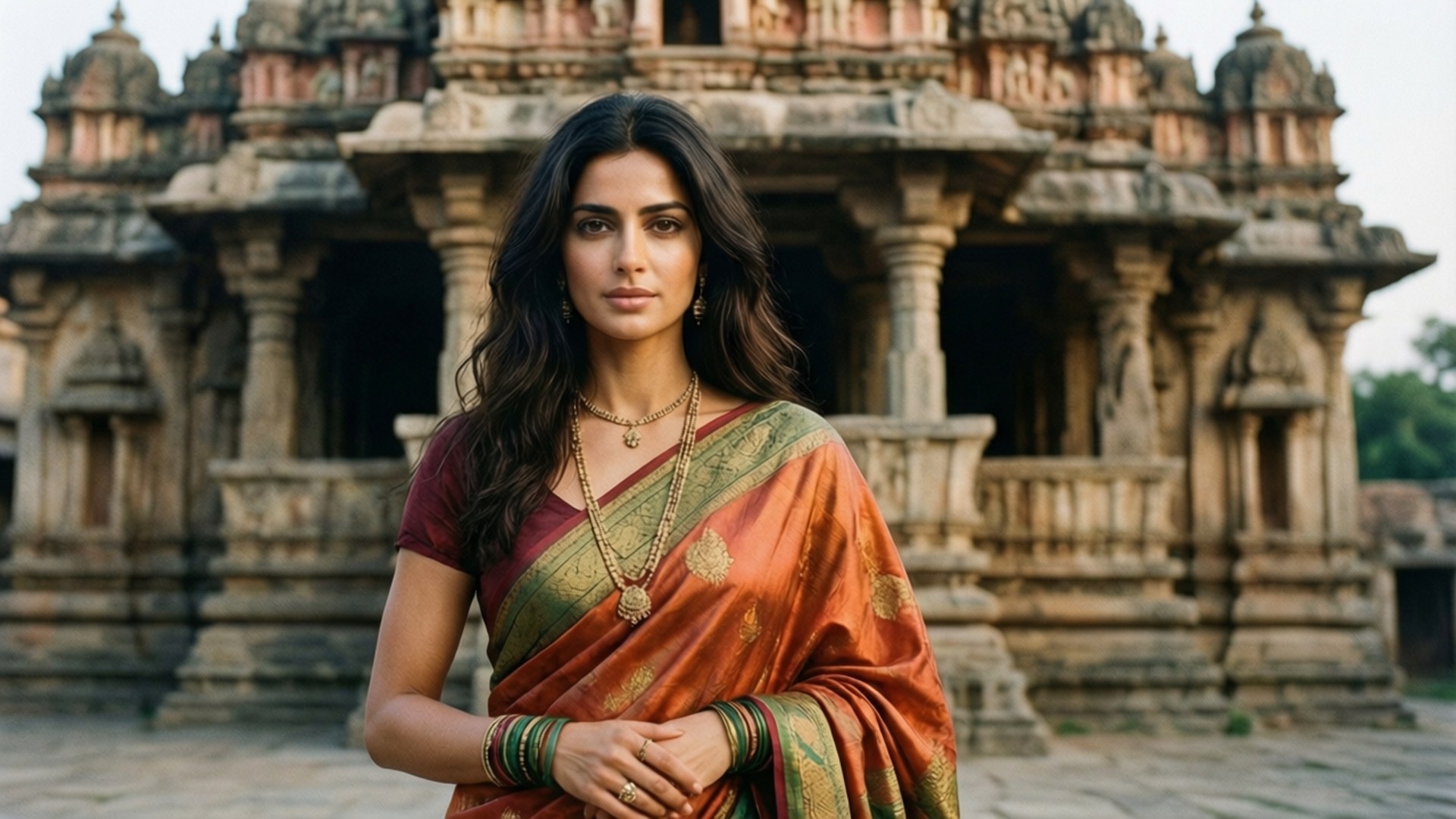 Temple Saree Elegance 壁紙 — 一位身穿橙色和綠色紗麗的女性站在一座雕刻精美的石廟前，廟宇有分層的圓頂和柱子。